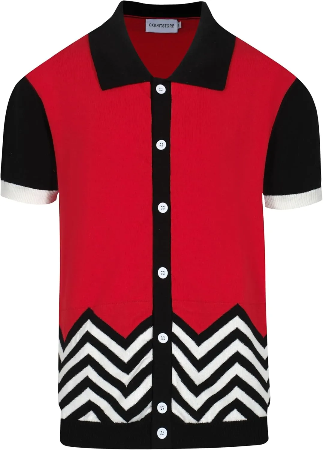 OXKNIT Men Knit Polo Shirts Short Sleeve Red Vintage Polo Shirt Casual Golf Shirts with Black White Wave