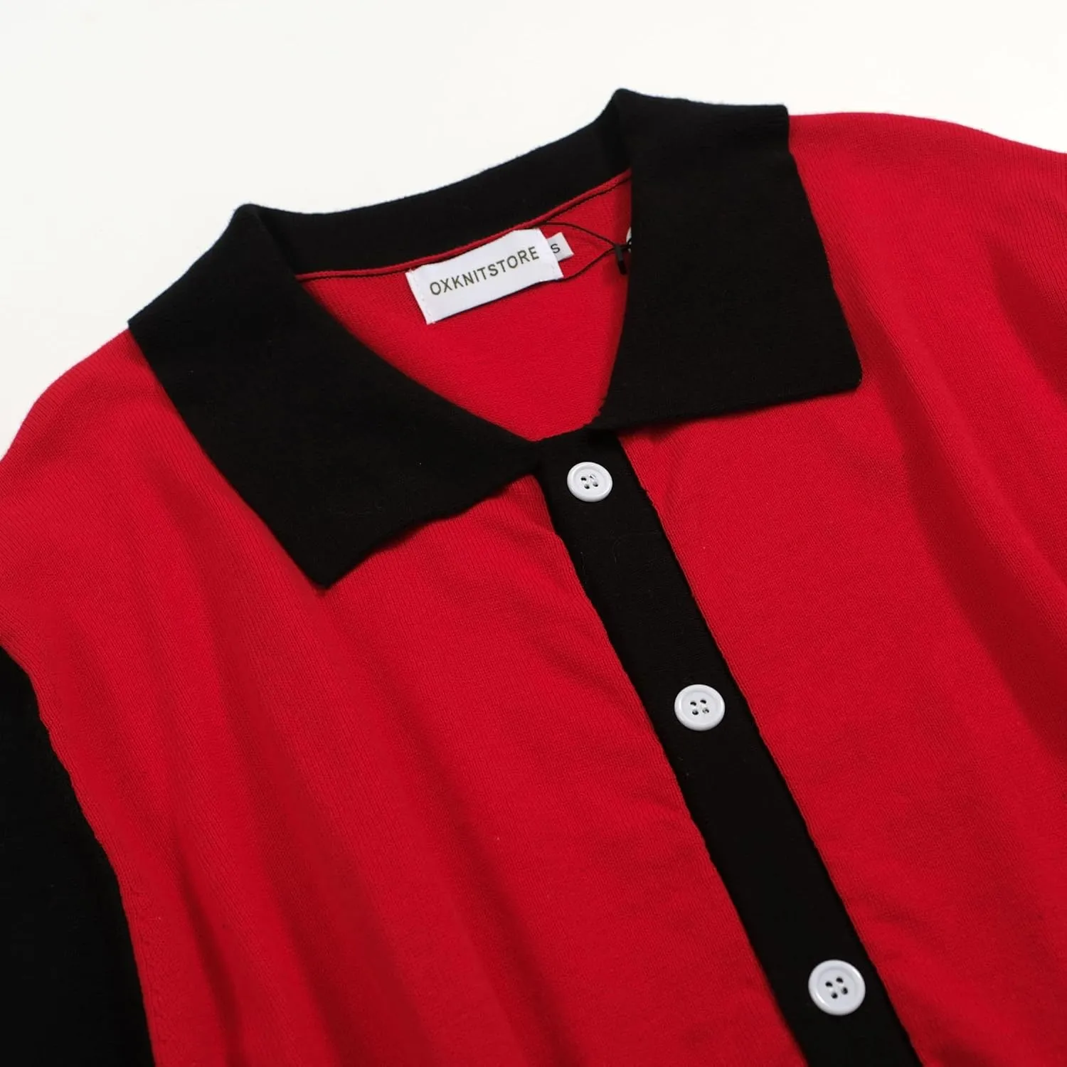 OXKNIT Men Knit Polo Shirts Short Sleeve Red Vintage Polo Shirt Casual Golf Shirts with Black White Wave