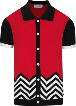 OXKNIT Men Knit Polo Shirts Short Sleeve Red Vintage Polo Shirt Casual Golf Shirts with Black White Wave