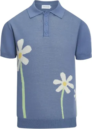 OXKNIT Mens Casual 60s Retro Blue Polo Shirt Knitted Short Sleeve Vintage Golf Polo with White Flower