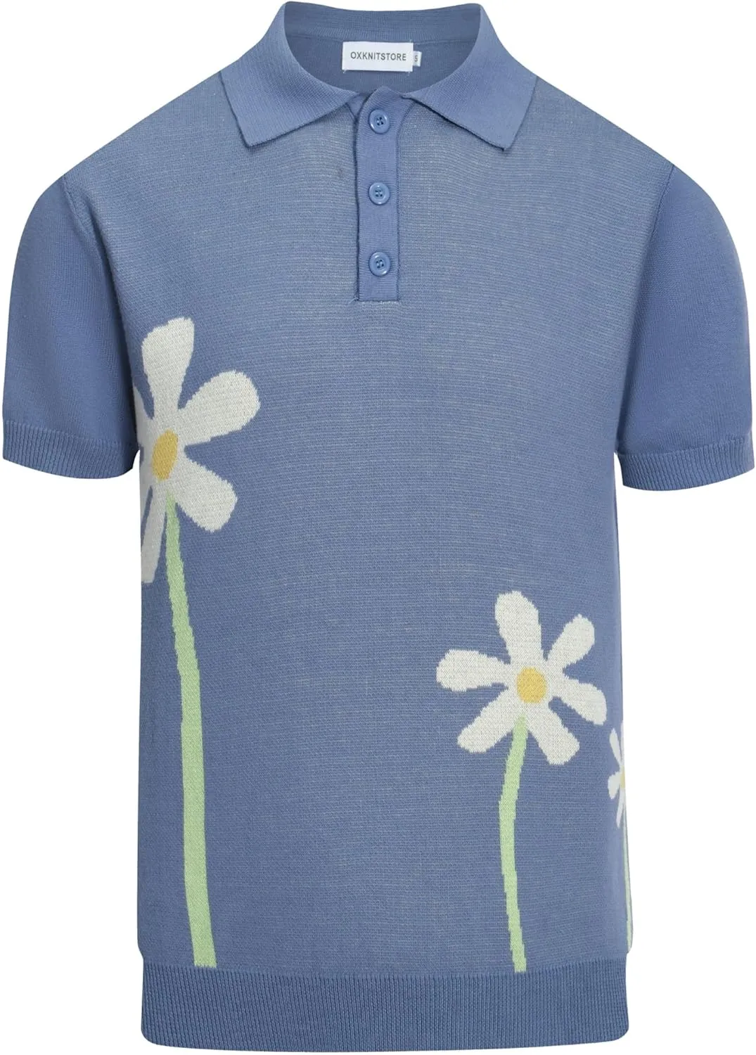 OXKNIT Mens Casual 60s Retro Blue Polo Shirt Knitted Short Sleeve Vintage Golf Polo with White Flower