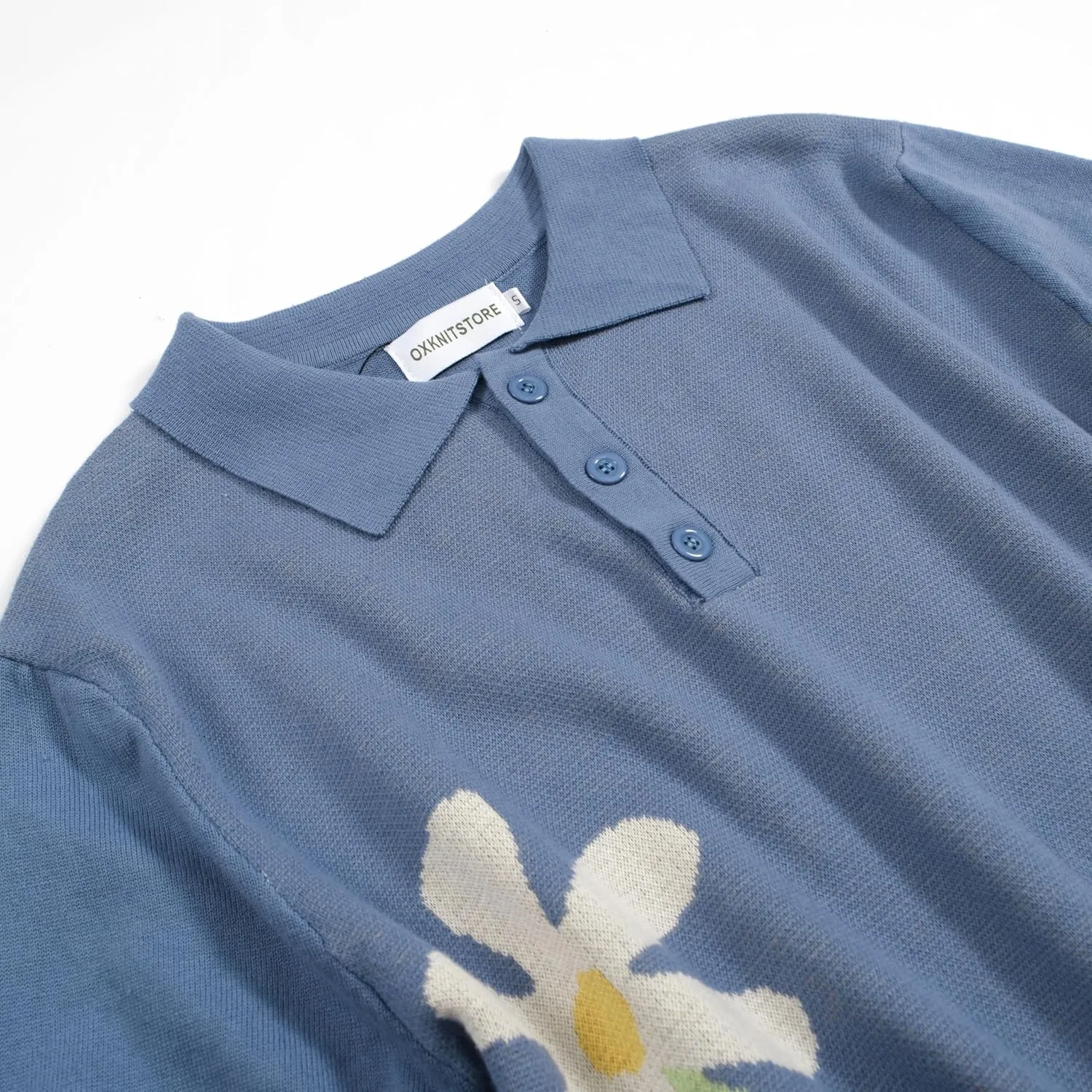 OXKNIT Mens Casual 60s Retro Blue Polo Shirt Knitted Short Sleeve Vintage Golf Polo with White Flower