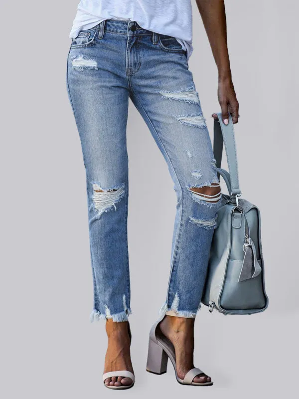 Raw Edge Ripped Slim Fit Jeans Women's Straight Leg Cropped Pants