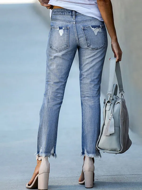 Raw Edge Ripped Slim Fit Jeans Women's Straight Leg Cropped Pants