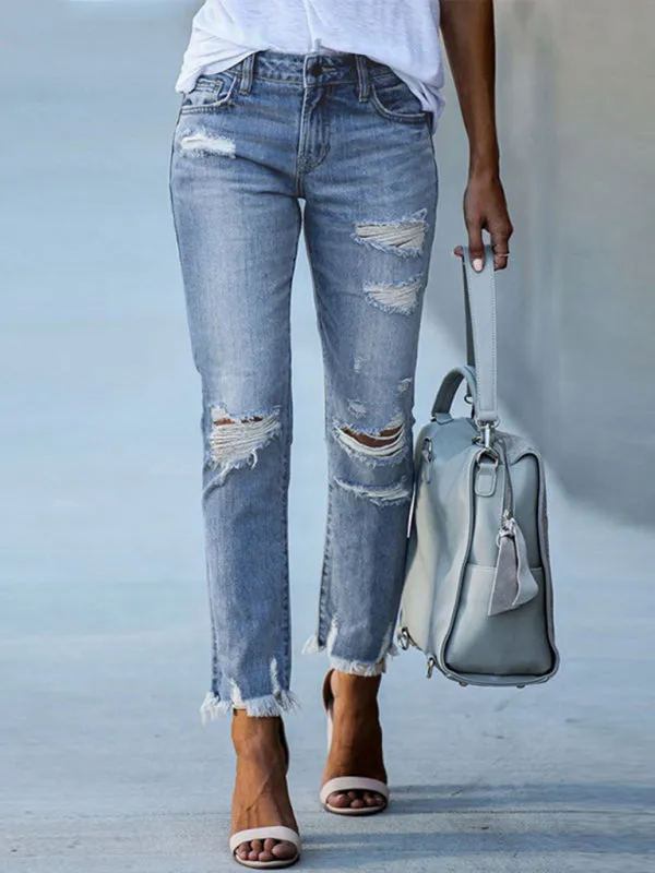 Raw Edge Ripped Slim Fit Jeans Women's Straight Leg Cropped Pants