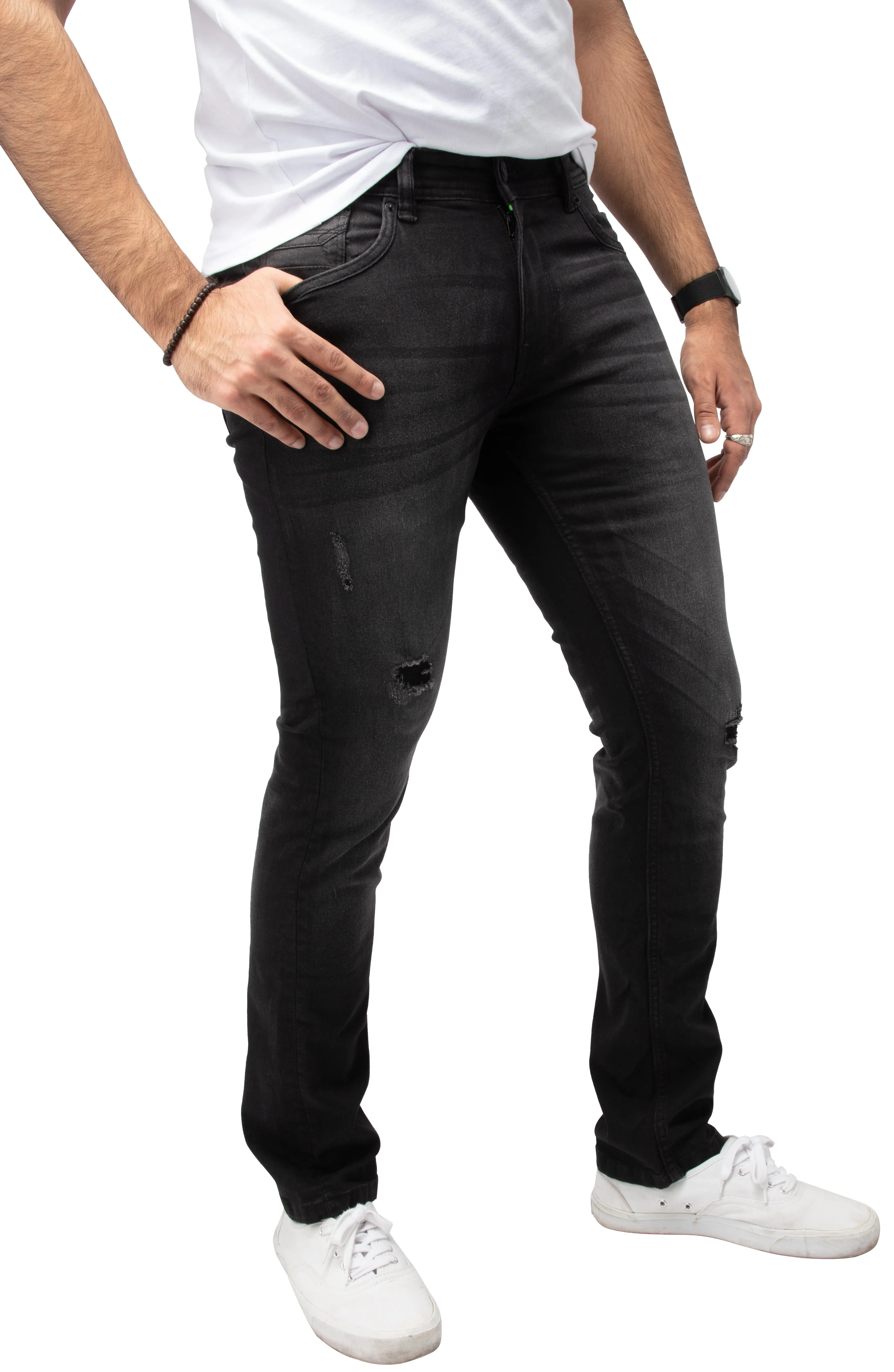 Raw X Men's Skinny Fit Stretch Distressed Ripped Washed Contrast Neon Stitch Flex Jeans