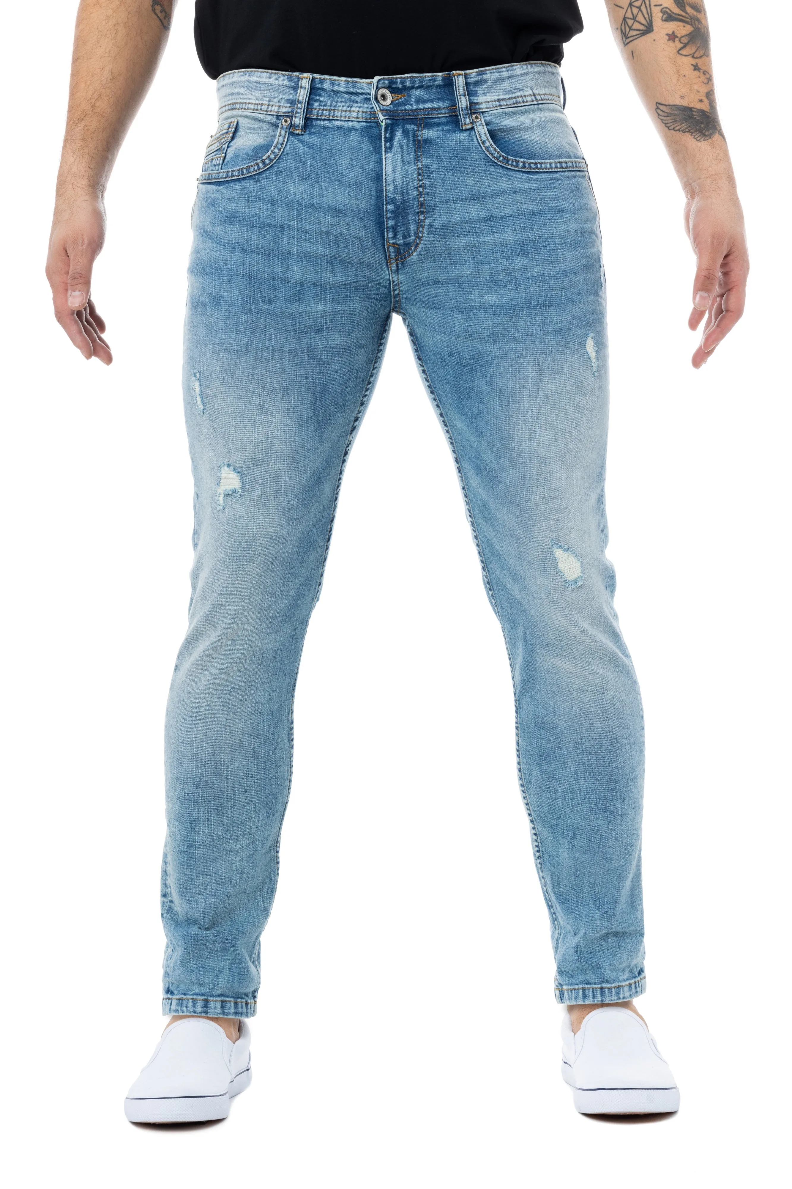 Raw X Men's Skinny Fit Stretch Distressed Ripped Washed Contrast Neon Stitch Flex Jeans