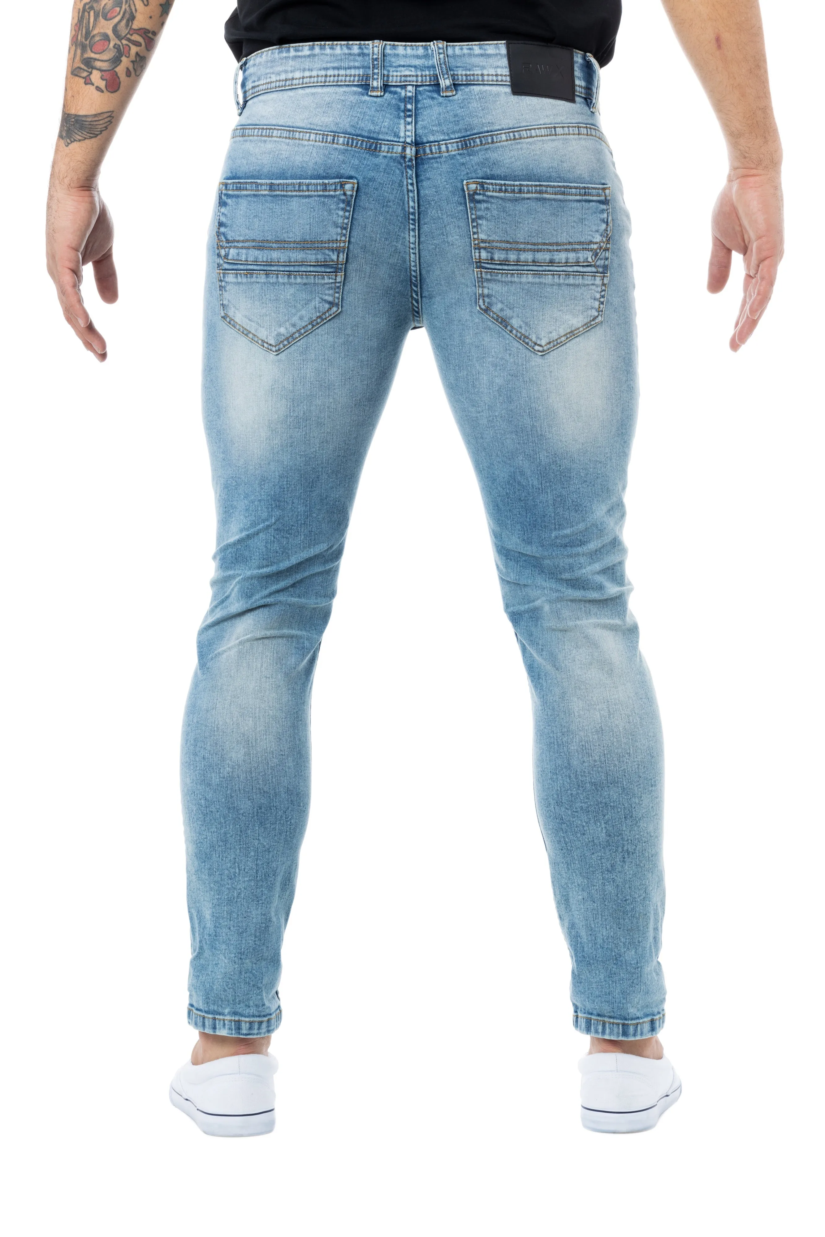 Raw X Men's Skinny Fit Stretch Distressed Ripped Washed Contrast Neon Stitch Flex Jeans