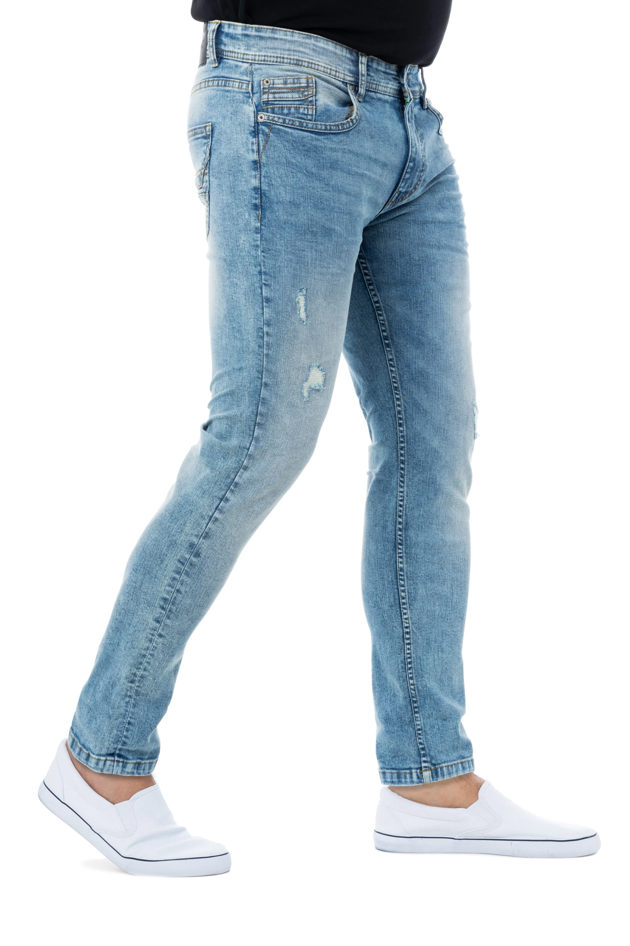 Raw X Men's Skinny Fit Stretch Distressed Ripped Washed Contrast Neon Stitch Flex Jeans