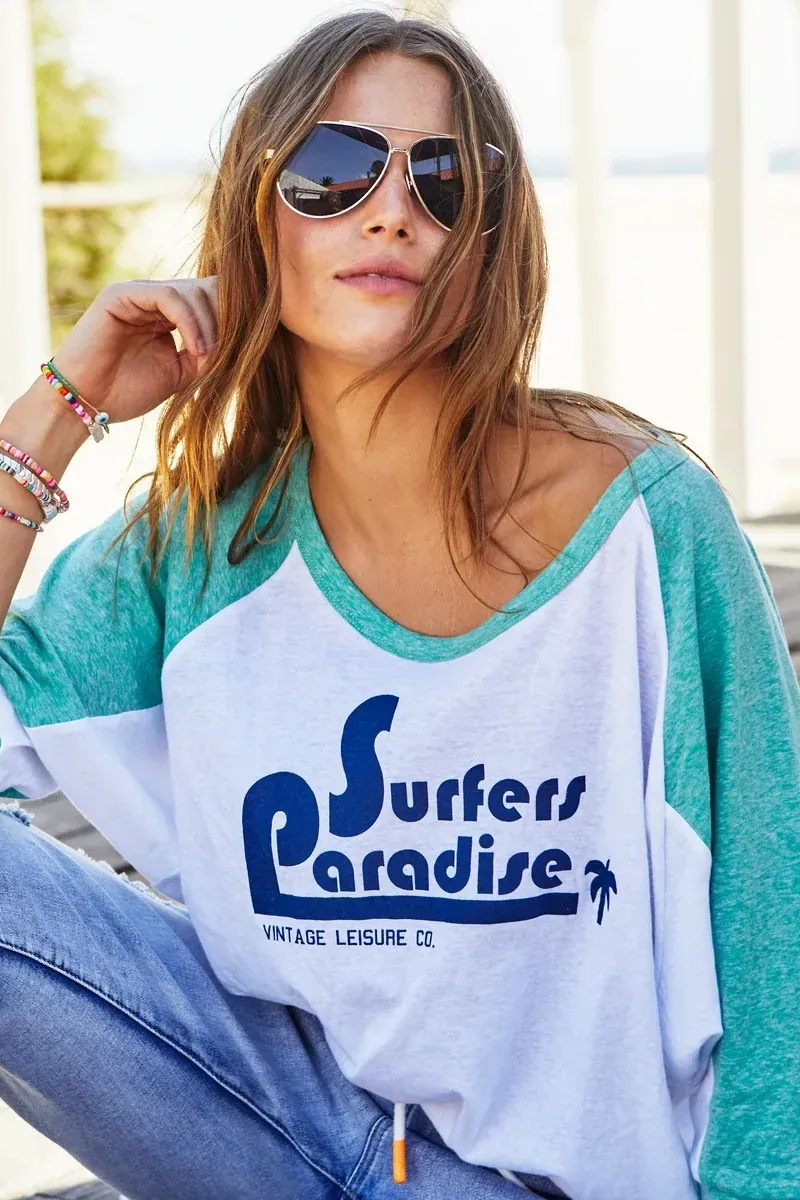 Retro Surfers Paradise Raglan Tee in White/Jade