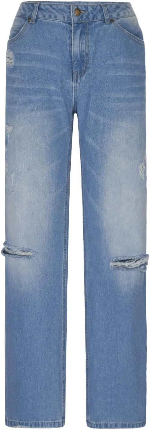 Ruziyoog Womens Distressed Jeans Straight Leg Button Down Low Rise Ripped Jeans Boyfriend Denim Pants Baggy Cargo Pants