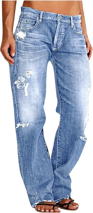 Ruziyoog Womens Distressed Jeans Straight Leg Button Down Low Rise Ripped Jeans Boyfriend Denim Pants Baggy Cargo Pants