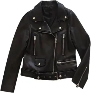 Slim Fit Genuine Sheepskin Leather Biker Asymmetric Zipper Belted Stylish Zip Sleeves Multi Zipper Black Jacket for Women