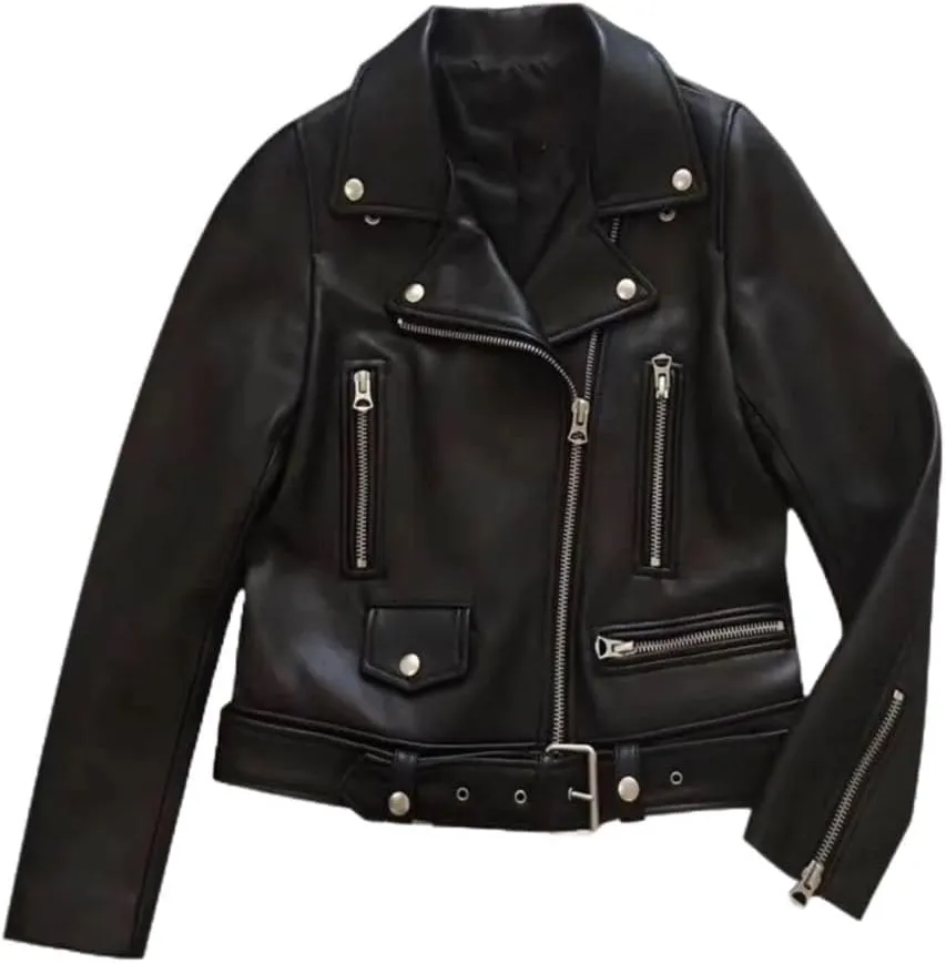 Slim Fit Genuine Sheepskin Leather Biker Asymmetric Zipper Belted Stylish Zip Sleeves Multi Zipper Black Jacket for Women