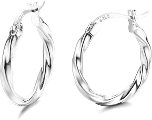 Sllaiss 925 Sterling Silver Twisted Hoop Earrings for Women White Gold Plated Small Hoop Earrings Lightweight Huggie Hinged Hoop Earring 12MM-60MM