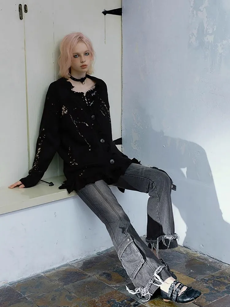 Straight Black Gray Raw Edge Jeans【s0000004525】