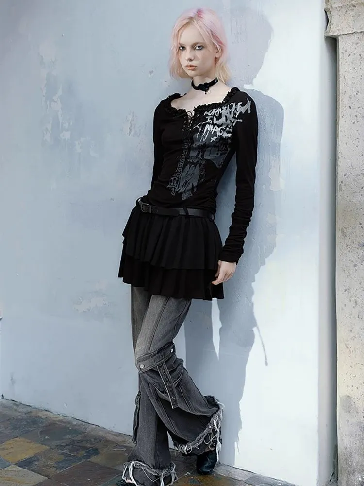 Straight Black Gray Raw Edge Jeans【s0000004525】