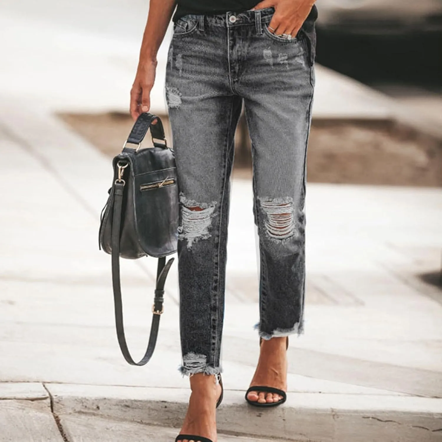 Straight Leg Cropped Jeans for Women Distressed High Waisted Stretchy Jean Capris Boyfriend Ripped Denim Ankle Pants