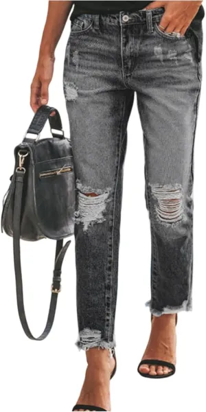 Straight Leg Cropped Jeans for Women Distressed High Waisted Stretchy Jean Capris Boyfriend Ripped Denim Ankle Pants