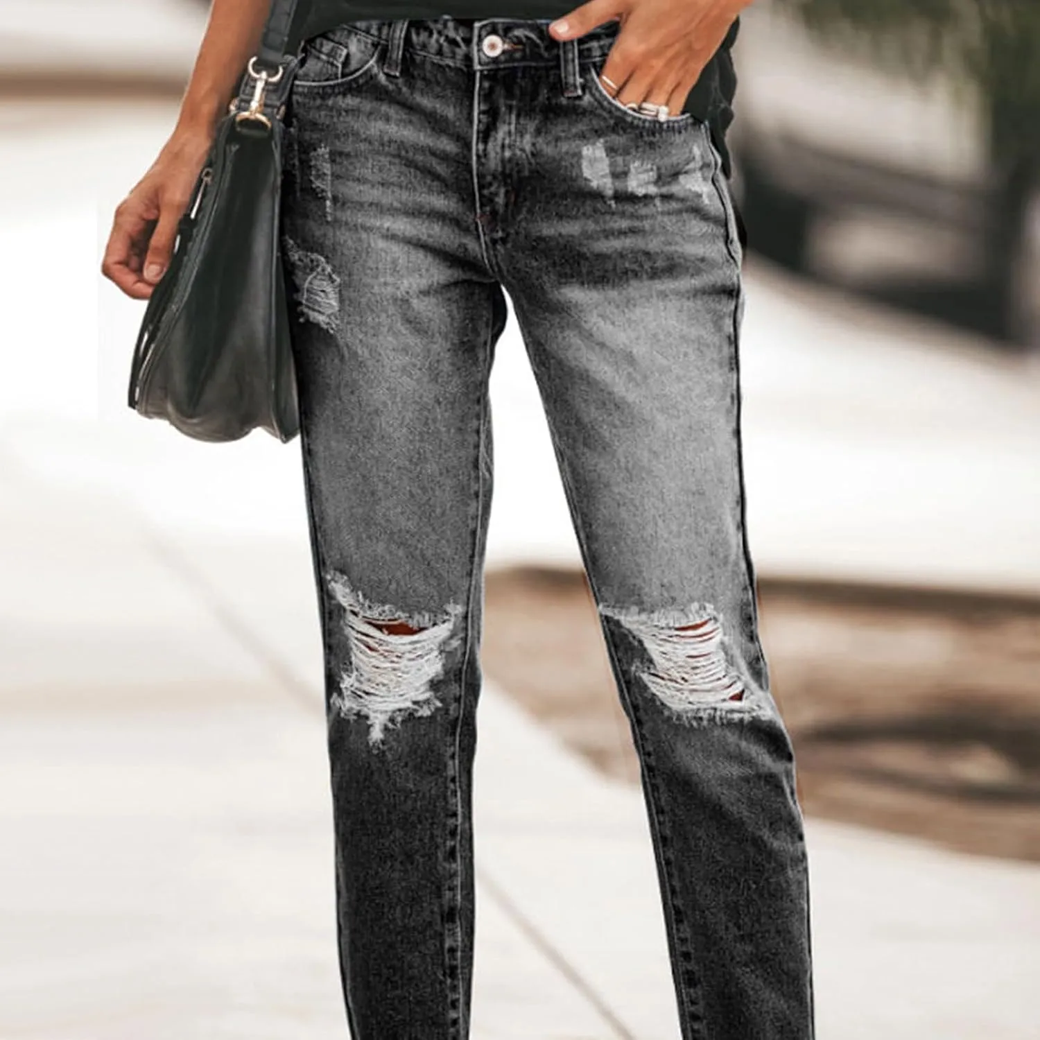 Straight Leg Cropped Jeans for Women Distressed High Waisted Stretchy Jean Capris Boyfriend Ripped Denim Ankle Pants