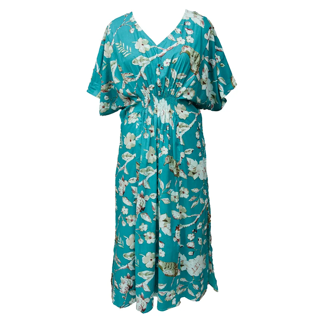 Teal Birds Cotton Smocked Maxi Dress Size 16-32 P210