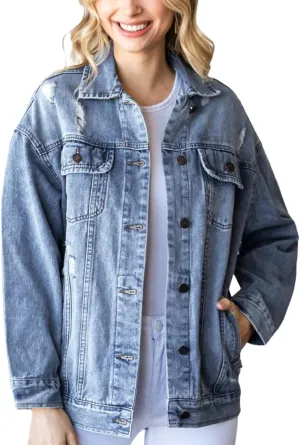 TodTan Vintage Distressed Denim Jacket for Women - Stretch Comfort Pre-Shrunk Washed Casual Coat for Spring Fall