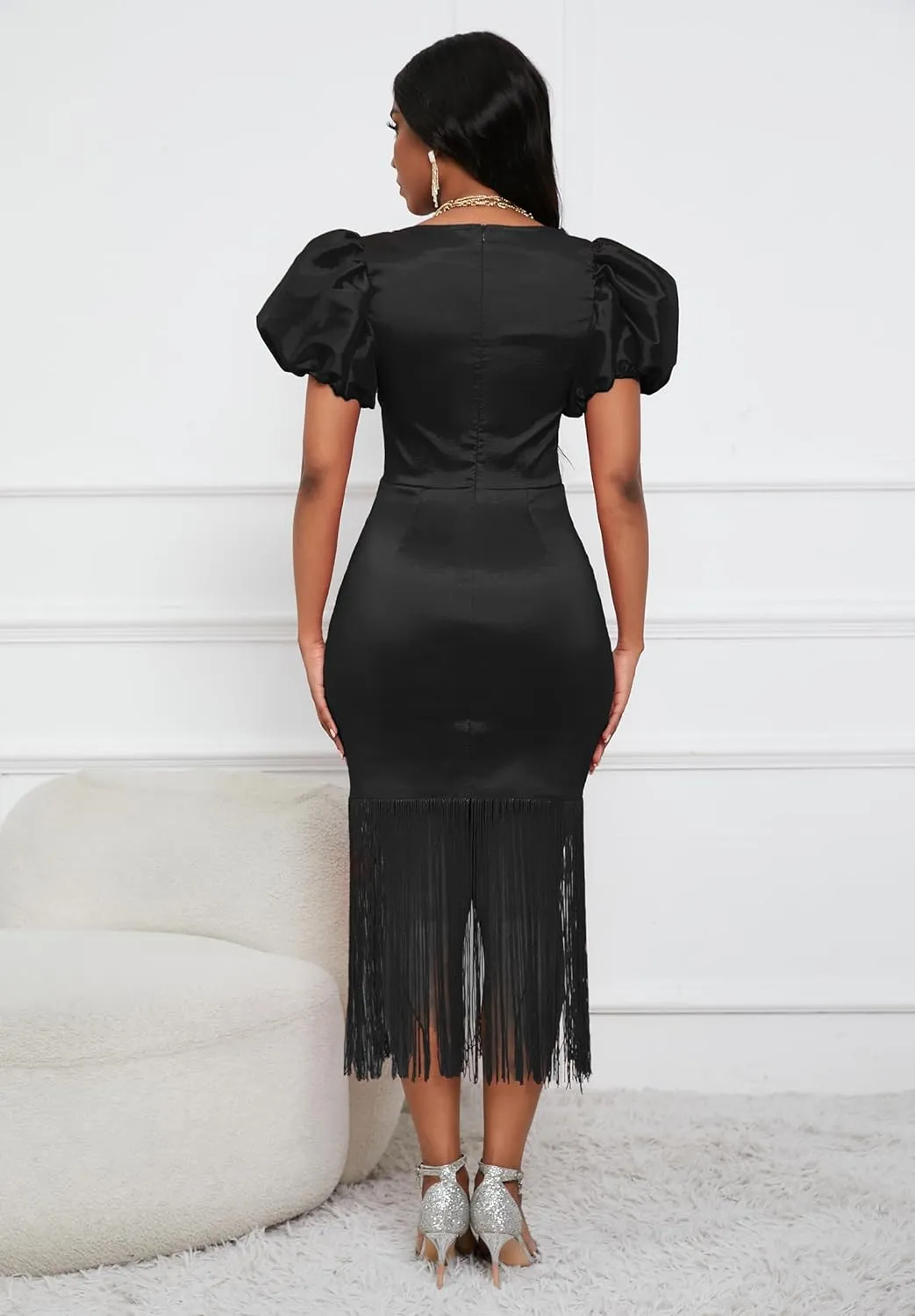 VERWIN Puff Sleeve Bodycon Dress Fringe Maxi Dress V Neck Tiered Tassels Short Sleeve Prom Dress