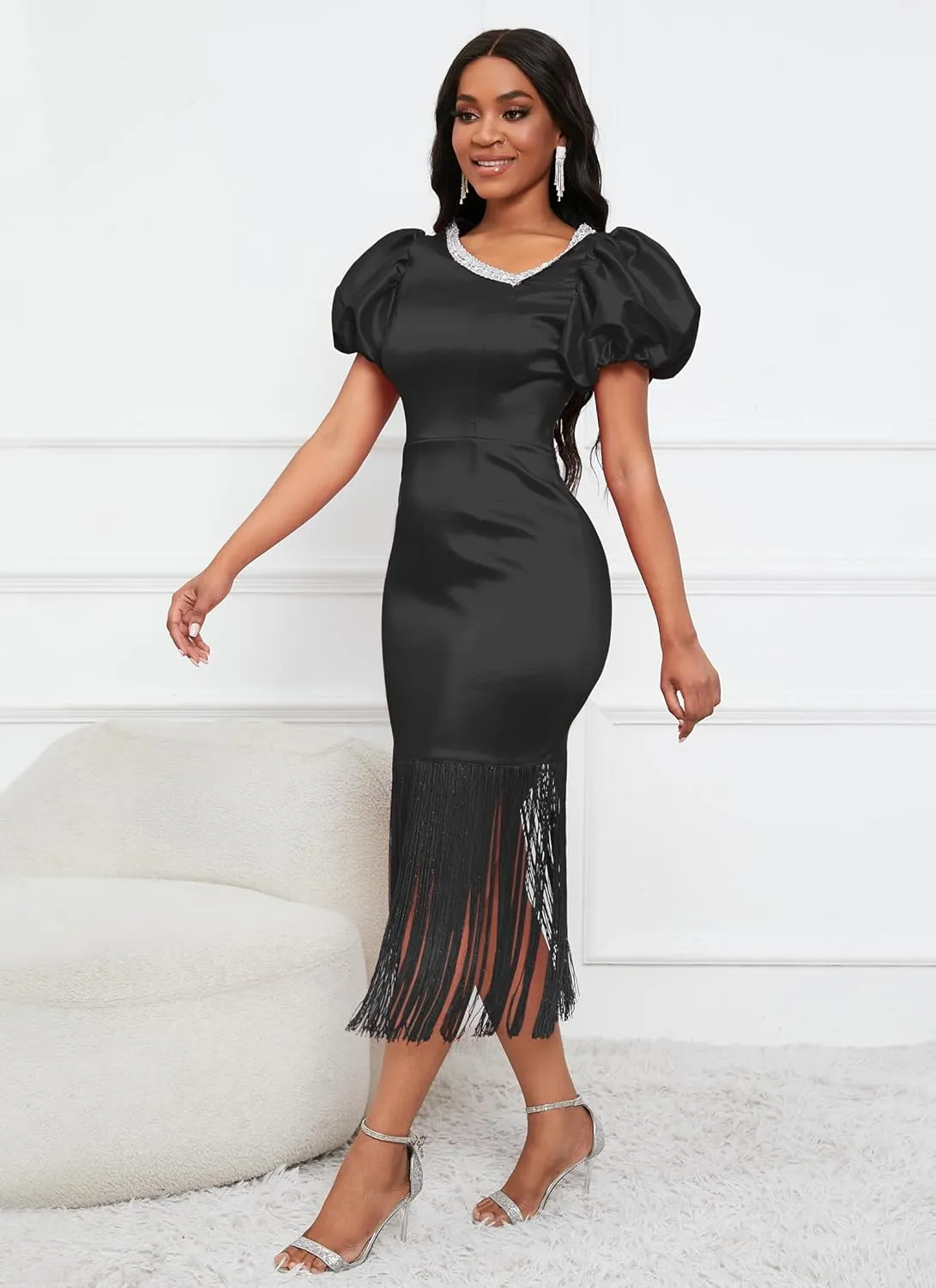 VERWIN Puff Sleeve Bodycon Dress Fringe Maxi Dress V Neck Tiered Tassels Short Sleeve Prom Dress