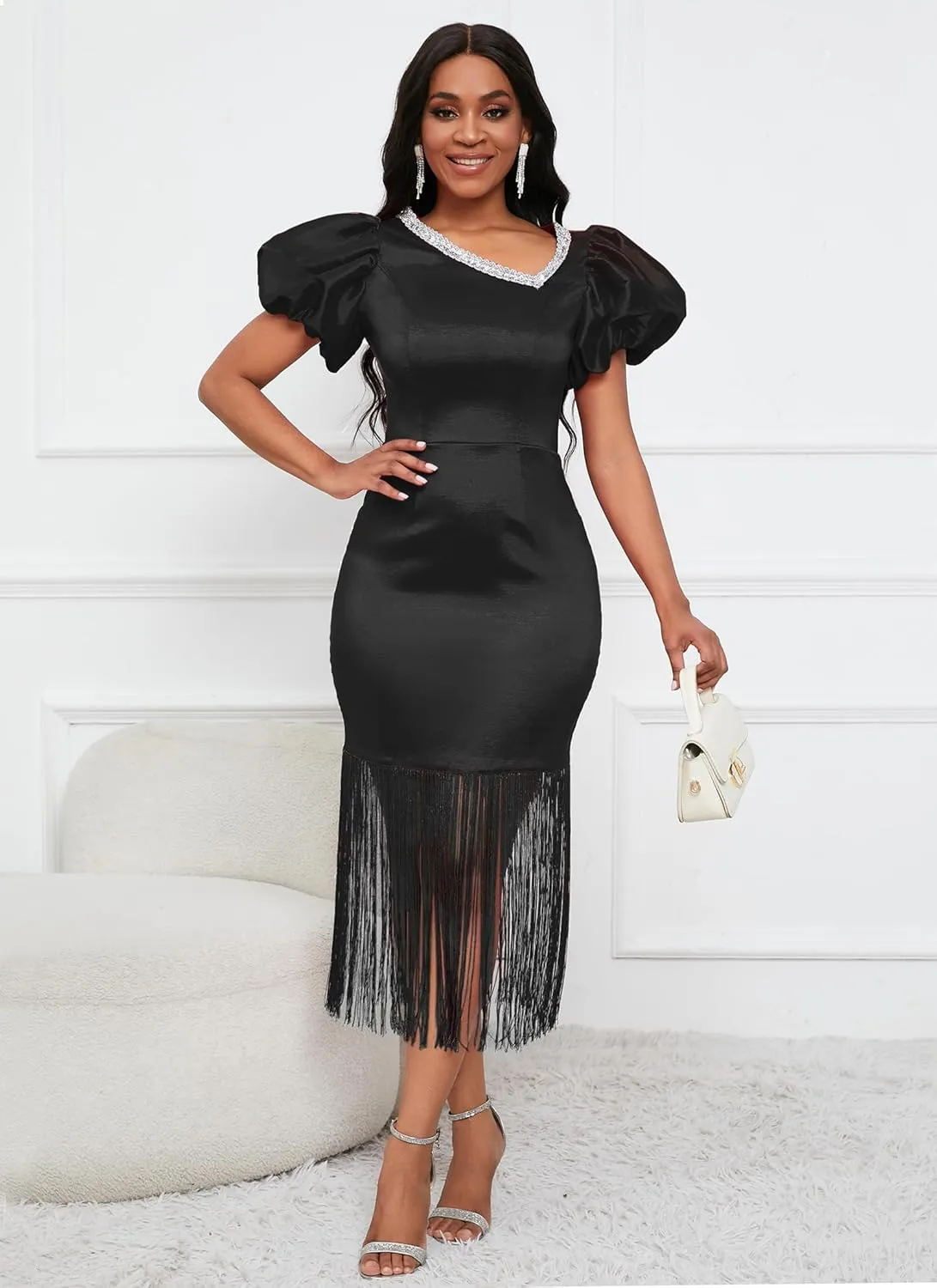 VERWIN Puff Sleeve Bodycon Dress Fringe Maxi Dress V Neck Tiered Tassels Short Sleeve Prom Dress