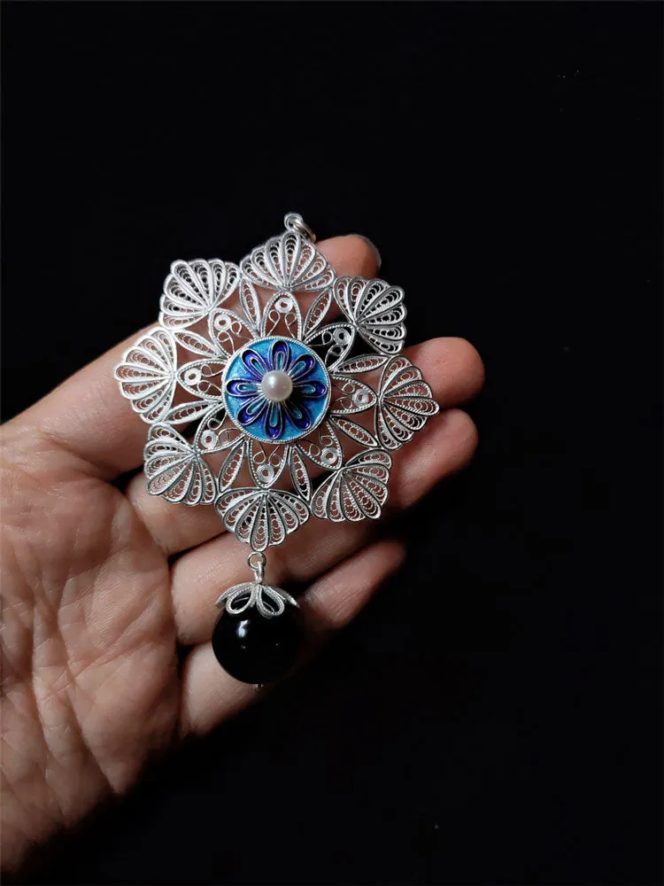 Vintage Cloisonné Silver Filigree Inlaid Freshwater Pearl Mandala Flower Necklace Pendant - Traditional Handcrafted Jewelry Gift