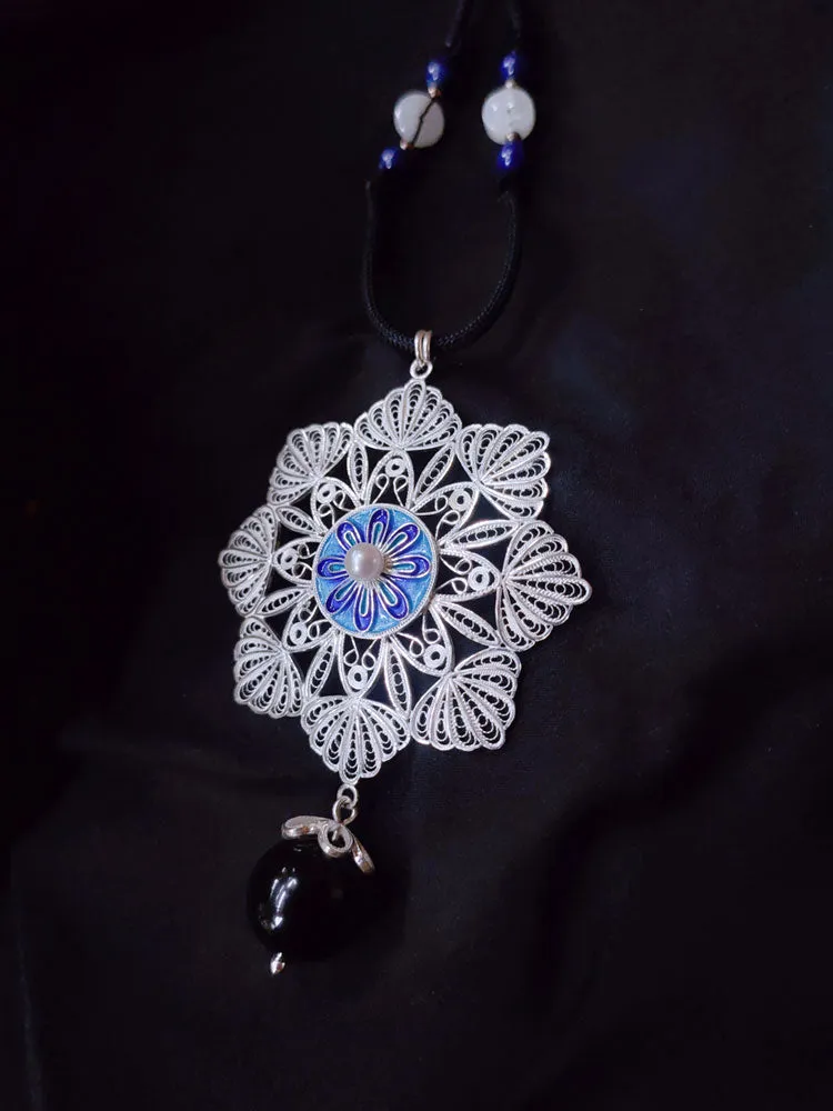Vintage Cloisonné Silver Filigree Inlaid Freshwater Pearl Mandala Flower Necklace Pendant - Traditional Handcrafted Jewelry Gift