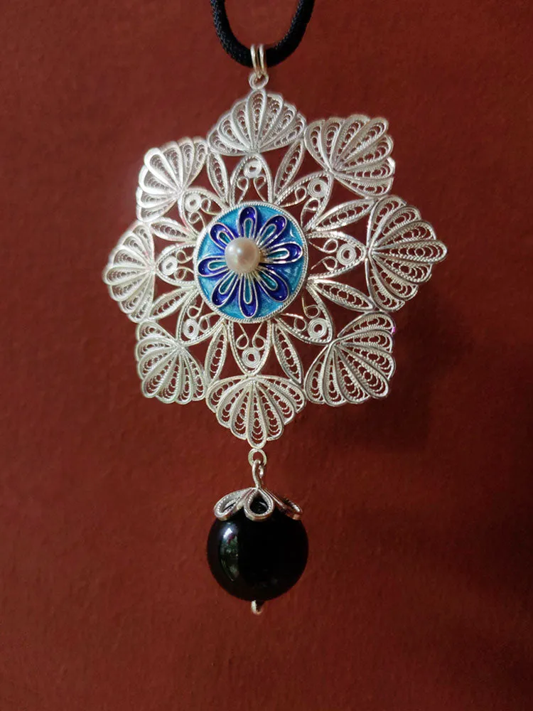 Vintage Cloisonné Silver Filigree Inlaid Freshwater Pearl Mandala Flower Necklace Pendant - Traditional Handcrafted Jewelry Gift