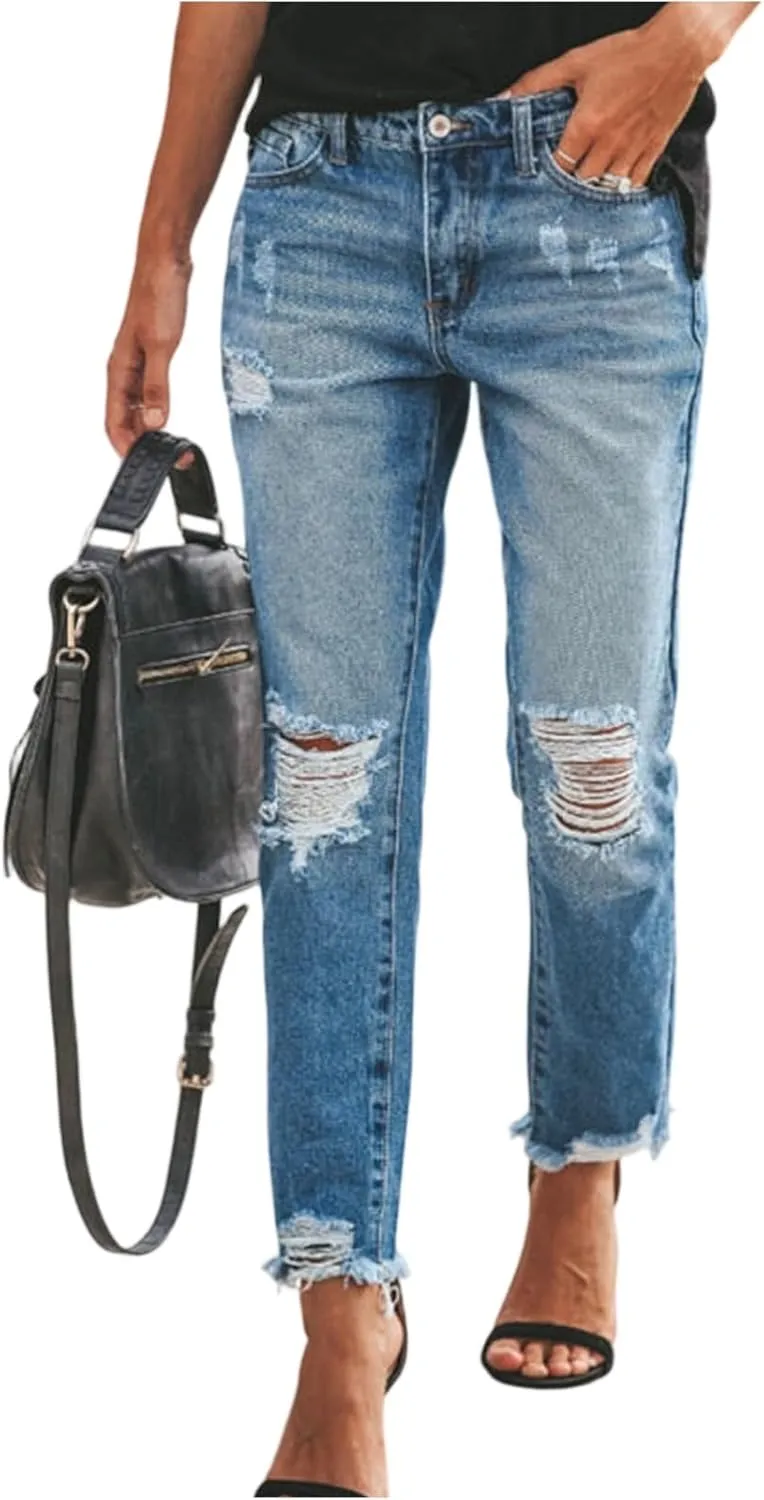 Women Capri Jeans Mid Waisted Ripped Boyfriend Jeans Straight Leg Cropped Jean Raw Hem Distressed Denim Pants