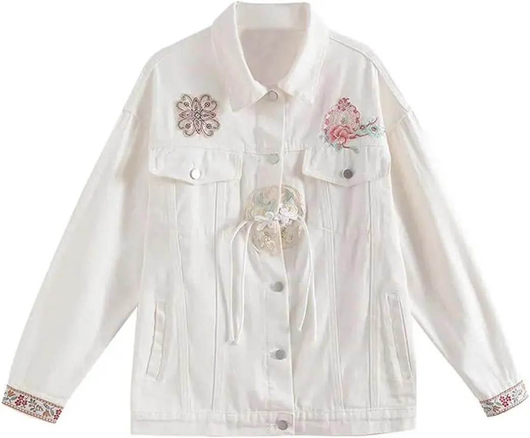 Women Chinese Style Vertical Lapel Tassel Denim Jacket Embroidered Denim Coat