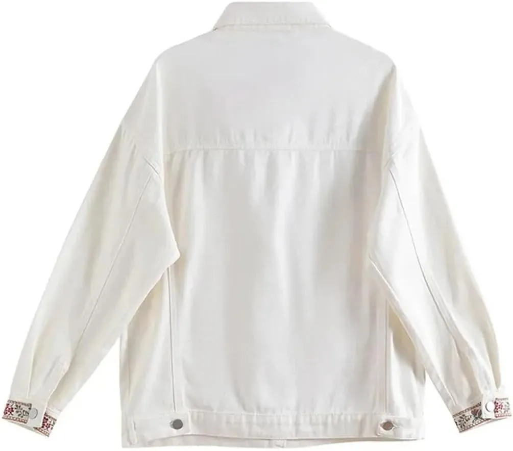 Women Chinese Style Vertical Lapel Tassel Denim Jacket Embroidered Denim Coat