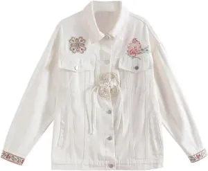 Women Chinese Style Vertical Lapel Tassel Denim Jacket Embroidered Denim Coat