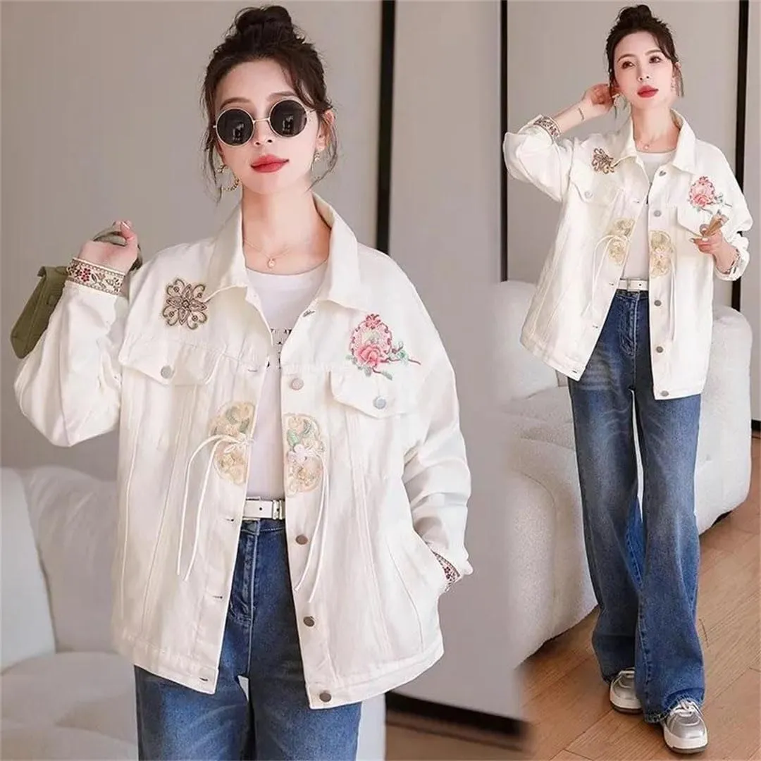 Women Chinese Style Vertical Lapel Tassel Denim Jacket Embroidered Denim Coat