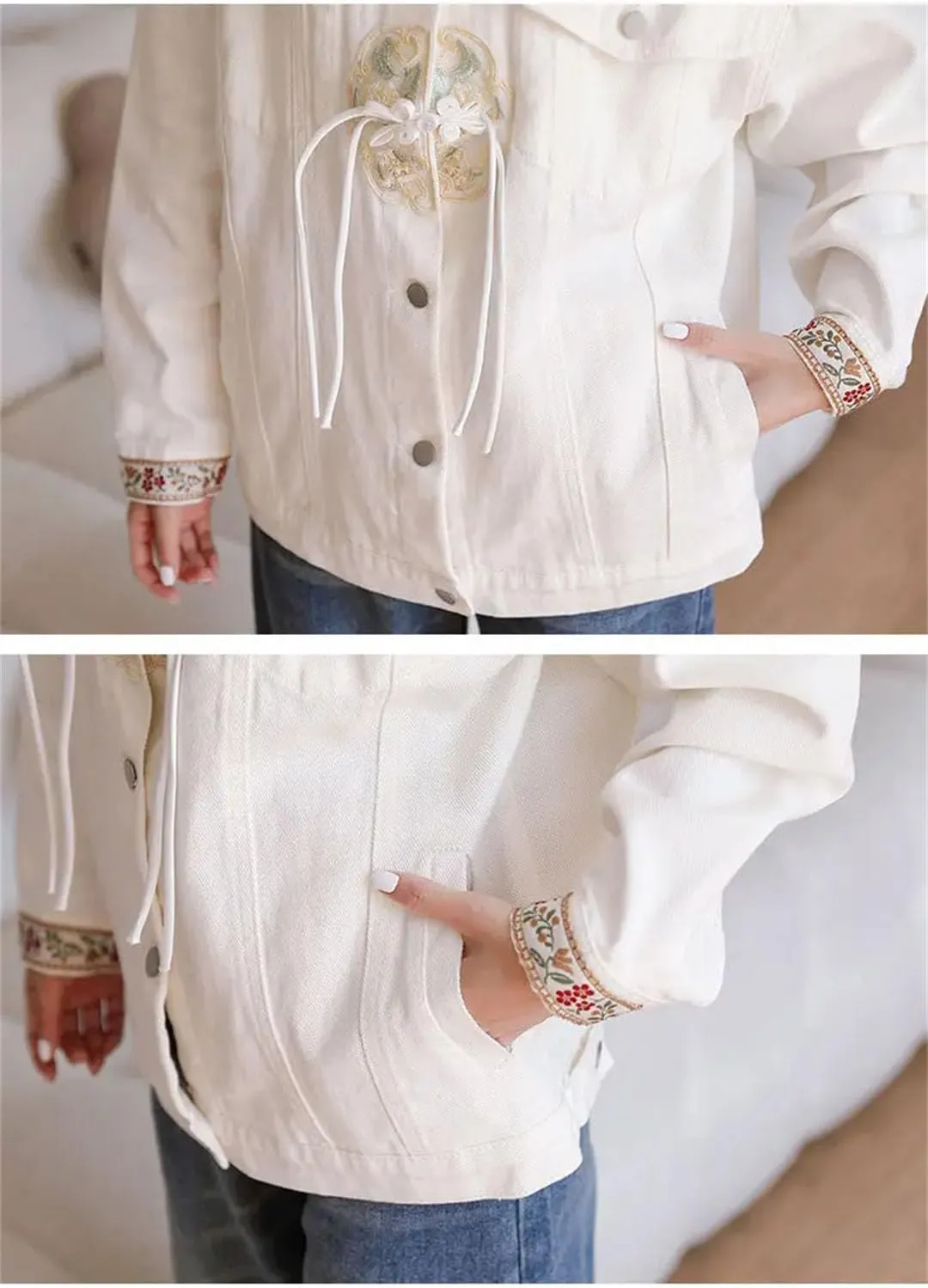 Women Chinese Style Vertical Lapel Tassel Denim Jacket Embroidered Denim Coat