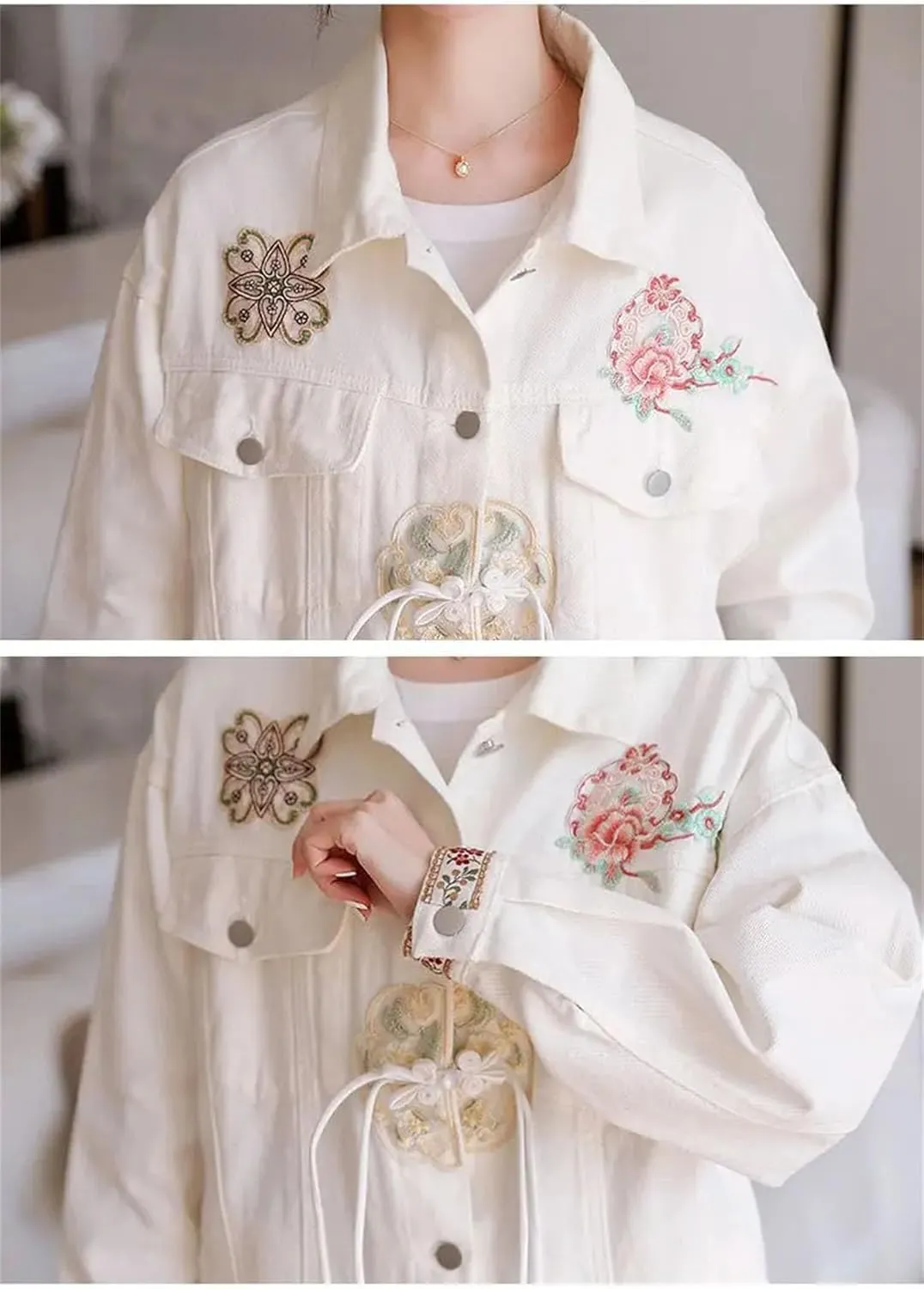 Women Chinese Style Vertical Lapel Tassel Denim Jacket Embroidered Denim Coat