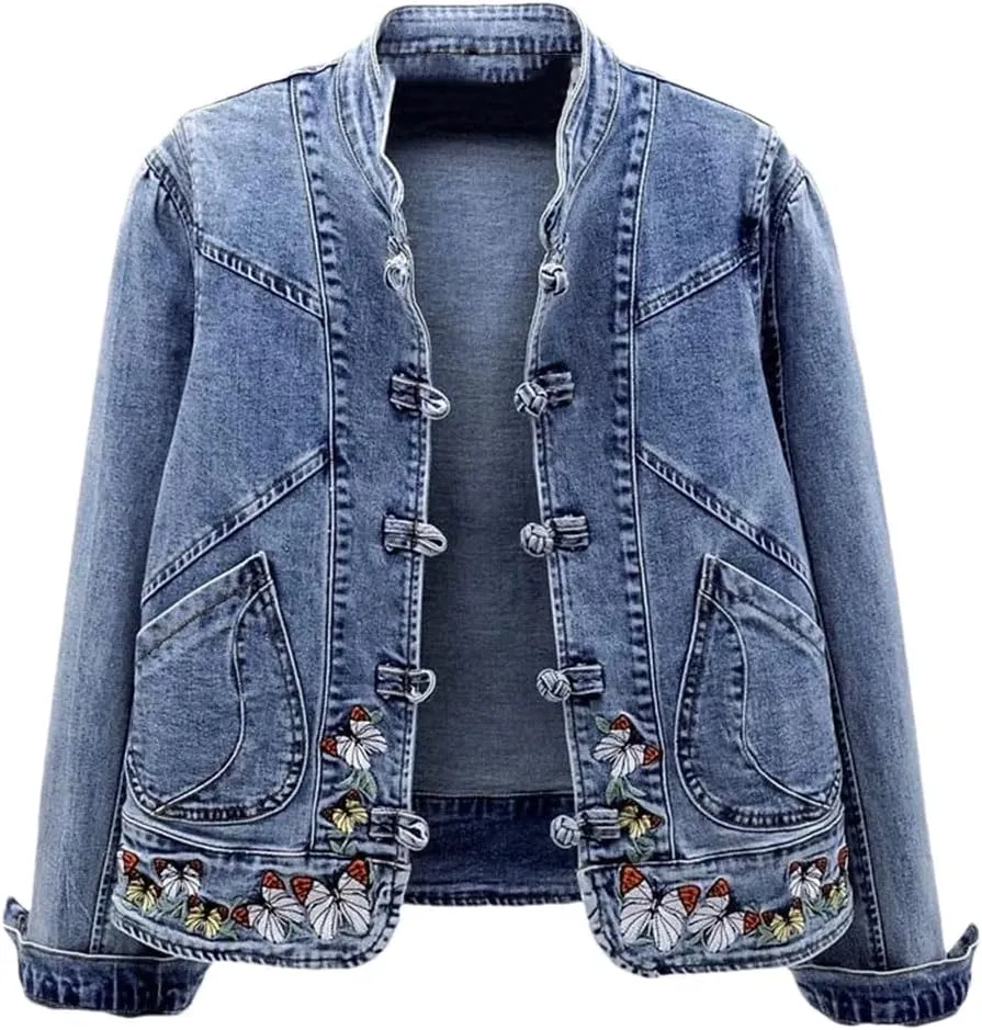Women Jeans Jacket Spring Autumn Clothing Embroidered Short Denim Jackets Female Basic Coat Long Sleeve Outerwear