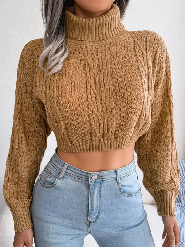 Women's casual fried dough twist long sleeve high neck navel revealing knitted sweater