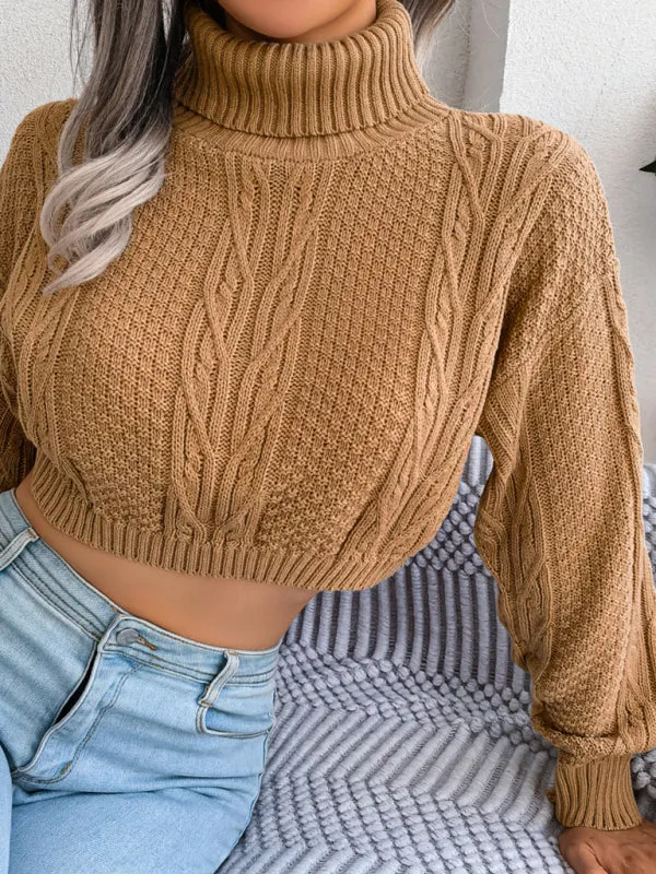 Women's casual fried dough twist long sleeve high neck navel revealing knitted sweater
