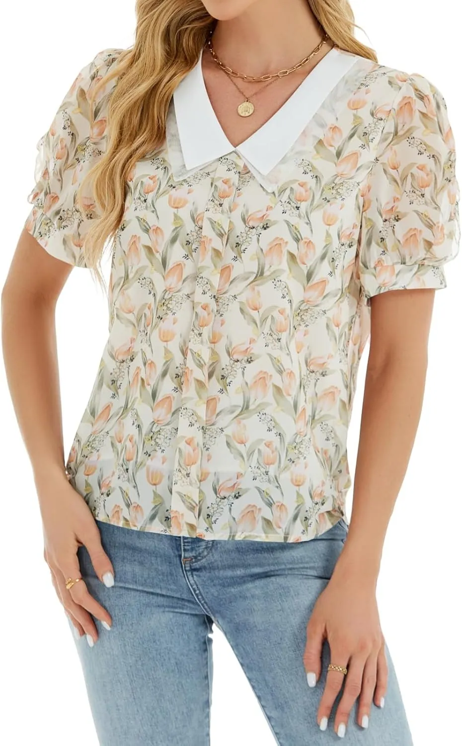 Women's Floral Short-Sleeve Blouse for Formal, Casual, and Business Occasions