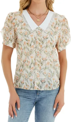 Women's Floral Short-Sleeve Blouse for Formal, Casual, and Business Occasions