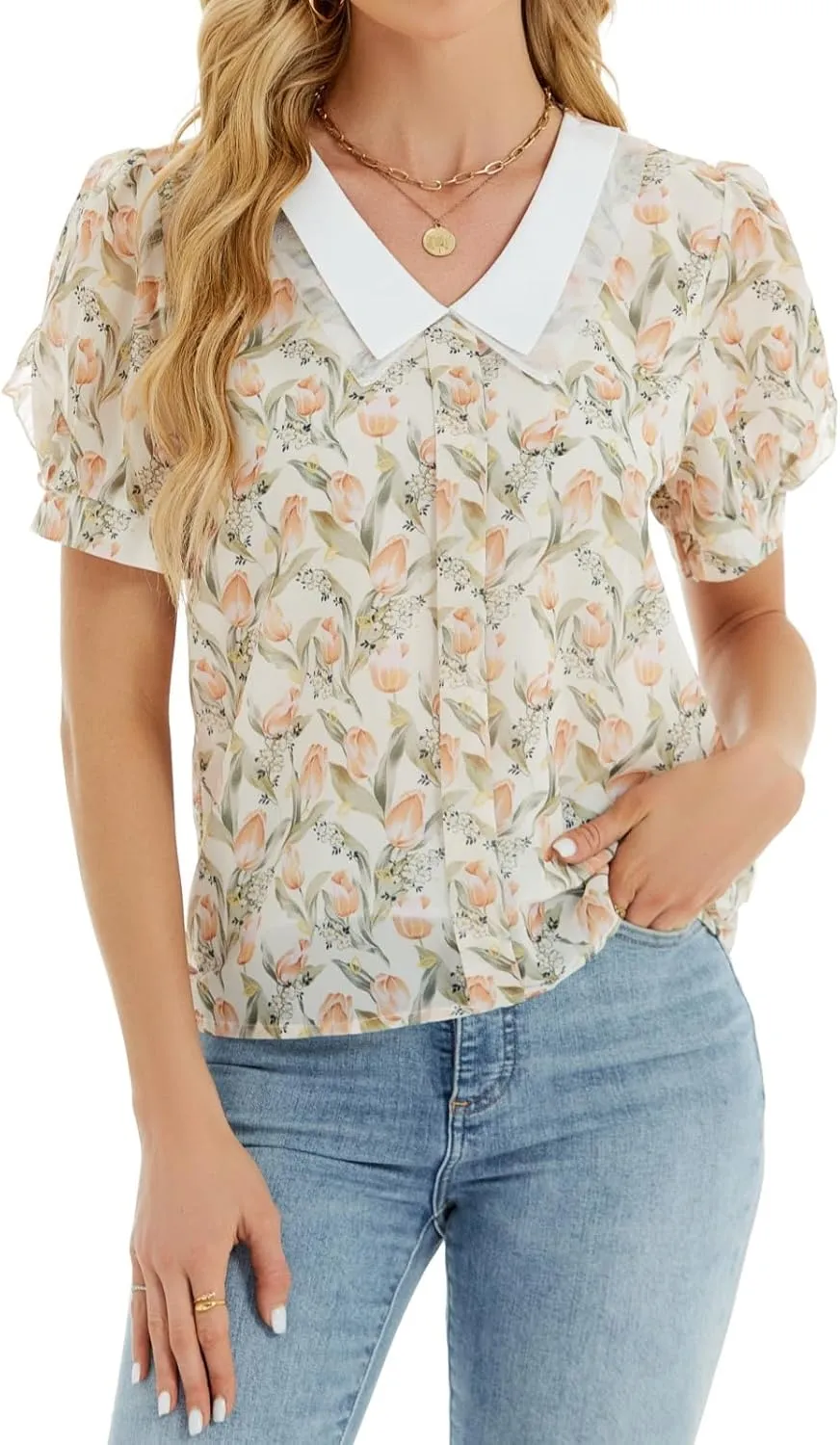 Women's Floral Short-Sleeve Blouse for Formal, Casual, and Business Occasions