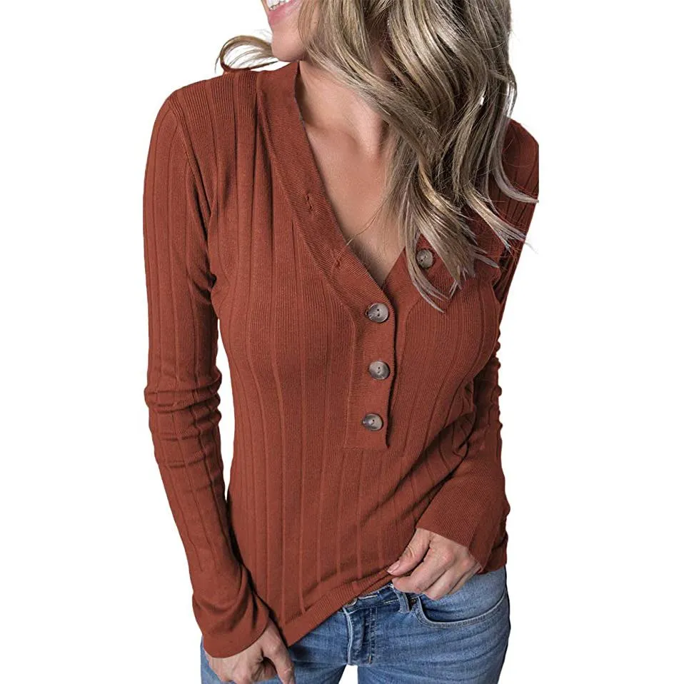 Women's Long Sleeve V Neck Ribbed Button Knit Sweater