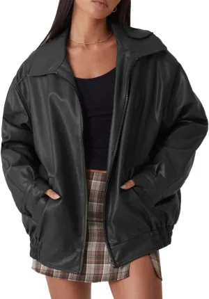 Womens Oversized Faux Leather Motocycle Jacket (Black, Large)