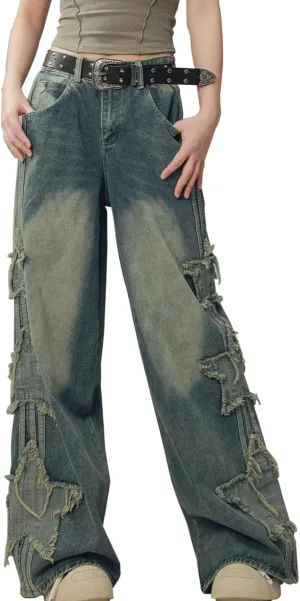 Womens Star Jeans Baggy Cargo Jeans Vintage Casual Y2K Outfits Straight Leg Denim with Pocket