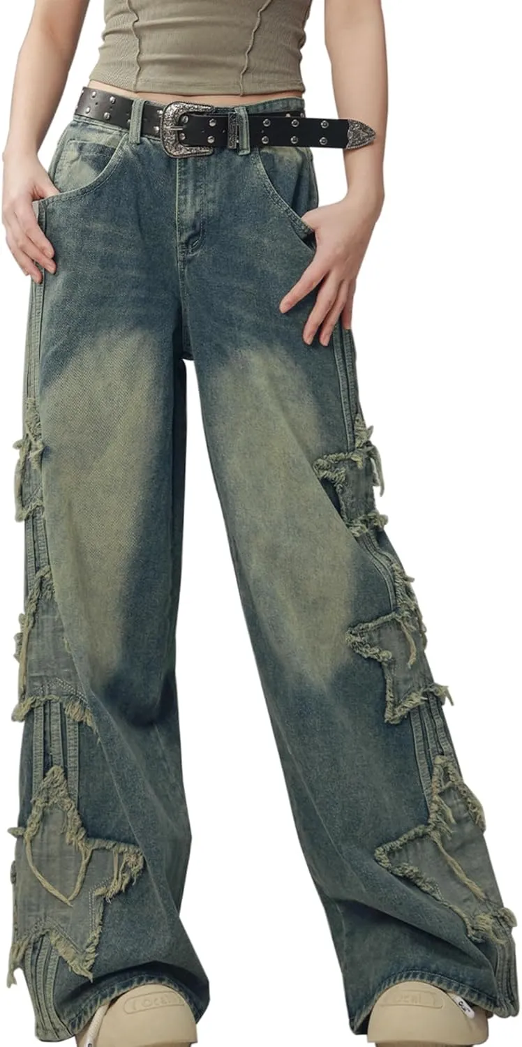 Womens Star Jeans Baggy Cargo Jeans Vintage Casual Y2K Outfits Straight Leg Denim with Pocket