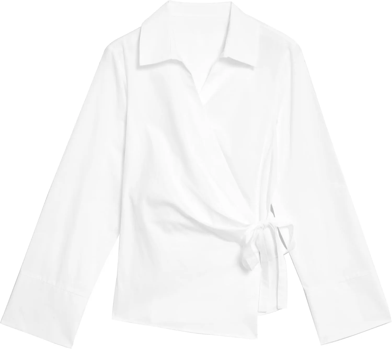 Womens White V Neck Tie Front Wrap Shirt Dressy Casual Long Sleeve Top Office Work Business Blouse